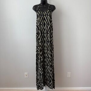 Tiare Hawaii Black Gold Tribal Diamond Print Maxi Dress Halter Neck Size S